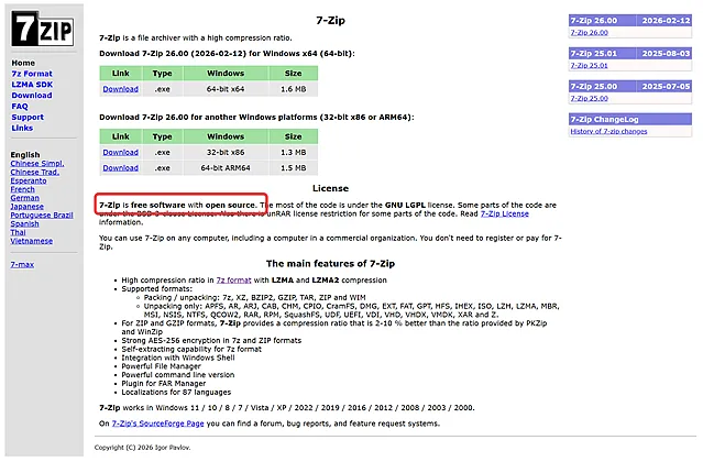 Скриншот главной страницы веб-сайта предлагающего загрузку архиватора 7-Zip