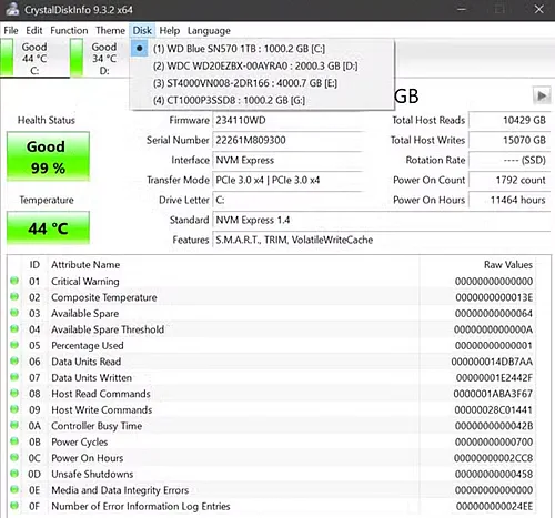 Выбор диска для SMART-проверки через CrystalDiskInfo