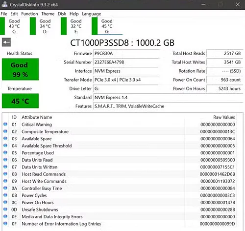 Использование визуализации температур для оценки состояния накопителя с помощью CrystalDiskInfo