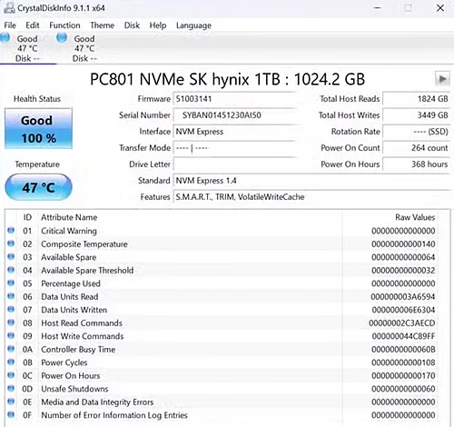 Поиск ошибок секторов накопителя с помощью приложения CrystalDiskInfo