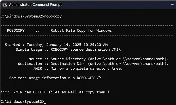 На изображении показан интерфейс командной строки (Command Prompt) под учётной записью администратора (Administrator) в операционной системе Windows. Пользователь выполнил команду robocopy, в результате чего отобразилась справочная информация об утилите ROBOCOPY (Robust File Copy for Windows)