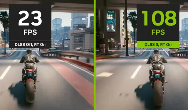 На изображении представлено сравнение производительности игры (Cyberpunk 2077) с включённой и отключённой технологией DLSS при активированной трассировке лучей (RT)