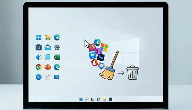 «Ноутбук с иконками предустановленных приложений и надписью о способах избавления от ненужных программ