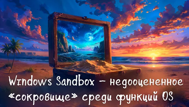 Яркая иллюстрация, подчёркивающая ценность функции Windows Sandbox: на фоне закатного пляжа с пальмами изображена деревянная рамка, напоминающая сундук или картину, внутри которой — фантастический ночной пейзаж с луной и скалами