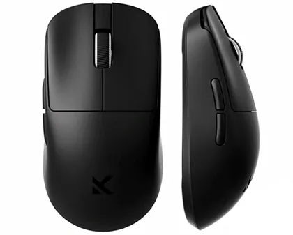 Чёрная беспроводная мышь MCHOSE L7 Ultra, эргономичный дизайн, вид спереди и сбоку с акцентом на колёсико прокрутки и боковые кнопки