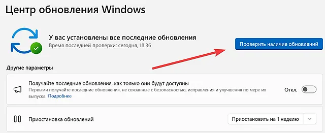 Кнопка для запуска проверки доступности обновлений для системы Windows