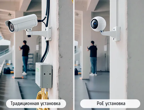 Визуальное сравнение установки камеры видеонаблюдения с традиционным питанием и с использованием технологии PoE