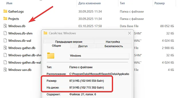 Проверка размера файла с данными индексирования в системе Windows