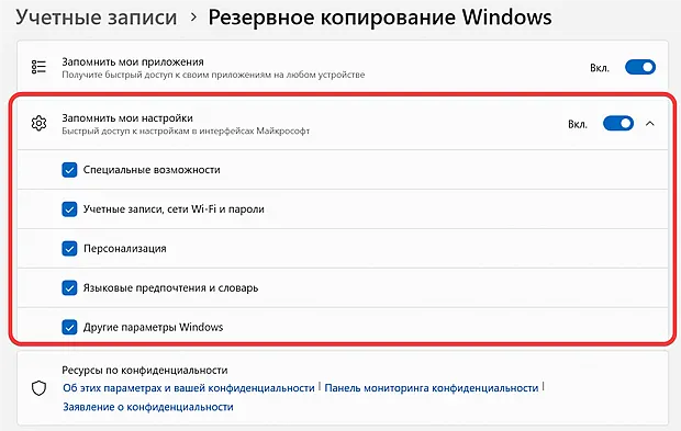 Экран настройки параметров архивации настроек интерфейса Windows