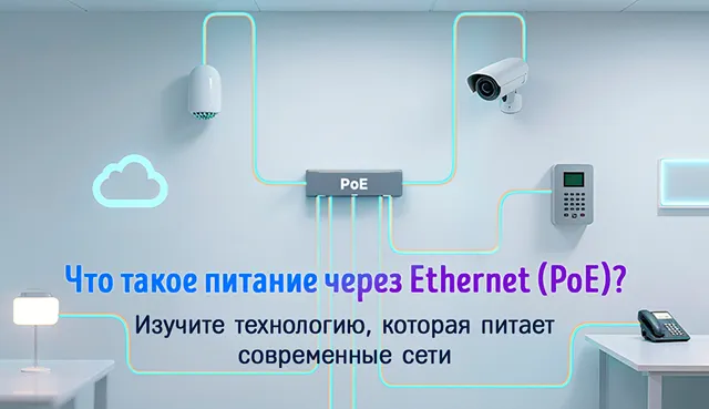 Иллюстрация использования технологии Power over Ethernet (PoE) для питания устройств в локальной сети