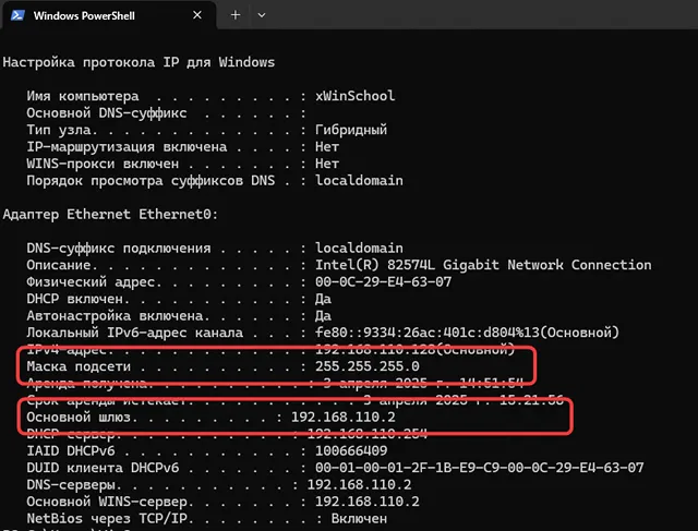 Получение информации об основном шлюзе и маске подсети через терминал Windows 11