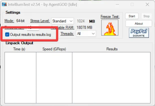 Снимок экрана Intel Burn Test с выделенной опцией вывода результатов в файл