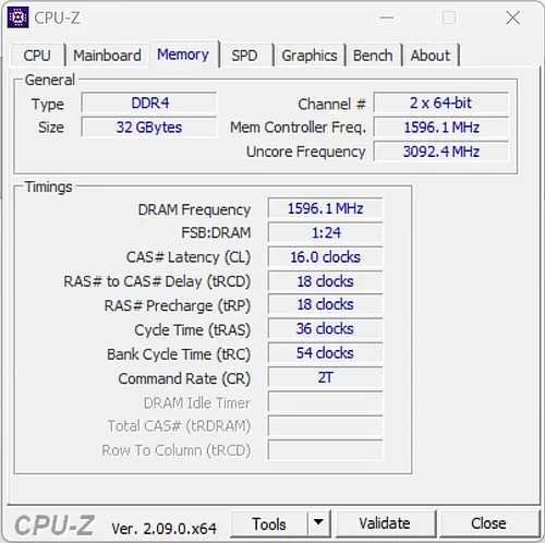 Вкладка информации об оперативной памяти в CPU-Z