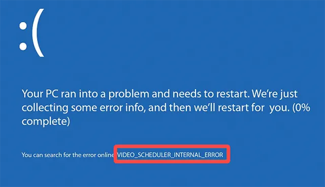 Внутренняя ошибка планировщика видео на экране BSOD Windows