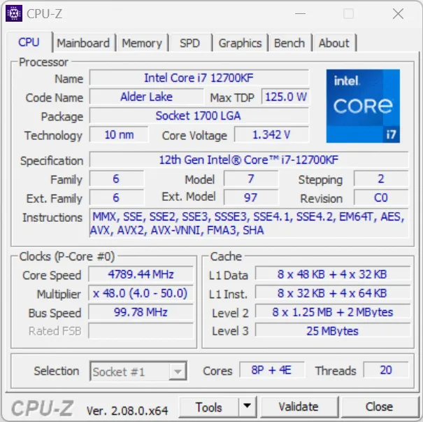 Вкладка информации о CPU в приложении CPU-Z