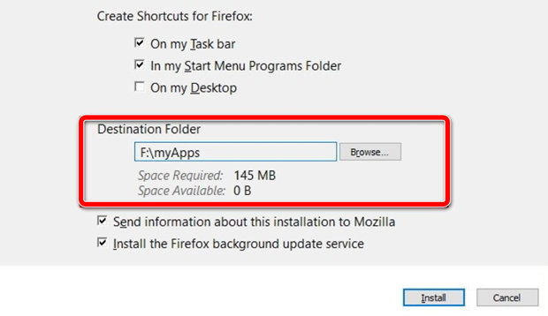 Выбор папки для установки браузера Firefox
