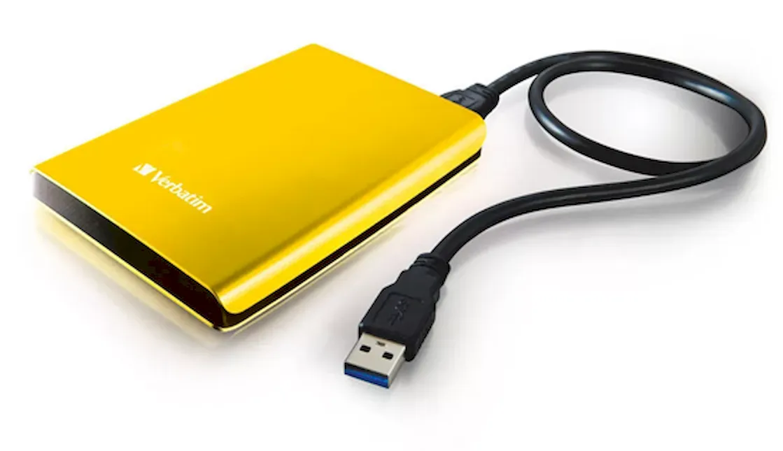 Ярко-желтый внешний диск с кабелем для подключения к компьютеру