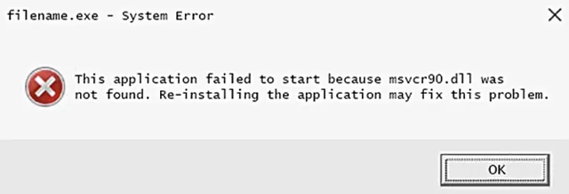Пример сообщения об ошибке с доступом к файлу Msvcr90.dll