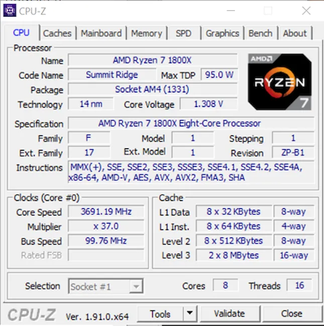 Проверка установленного процессора с помощью CPU-Z