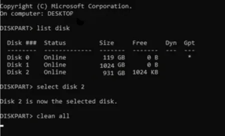 Инициализация диска с помощью очистки через командную строку