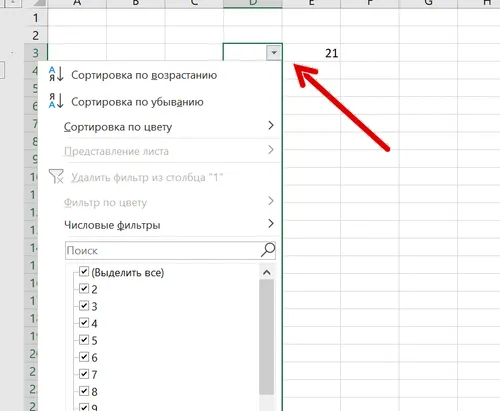 Использование меню фильтрации в документе Excel
