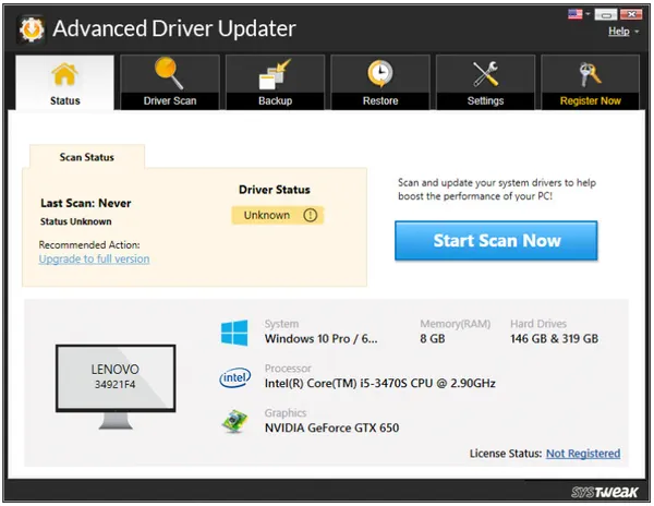 Рабочий экран приложения Advanced Driver Updater для обновления драйверов