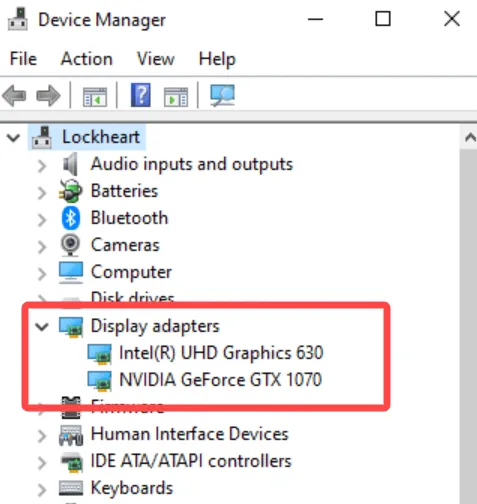 Список видеоадаптеров в диспетчере устройств Windows