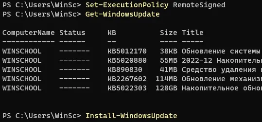 Информация о доступных обновлениях в терминале Windows