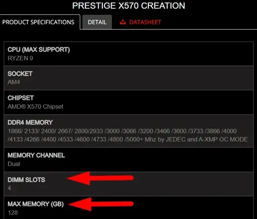 Поддержка объёма оперативной памяти материнской платой MSI Prestige x570