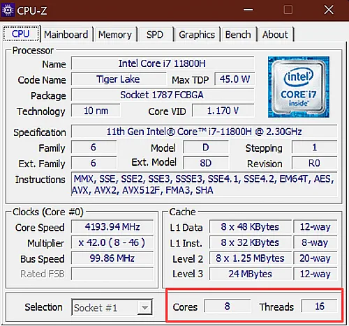 Информация о процессоре Intel Core i7-11800H в CPU-Z