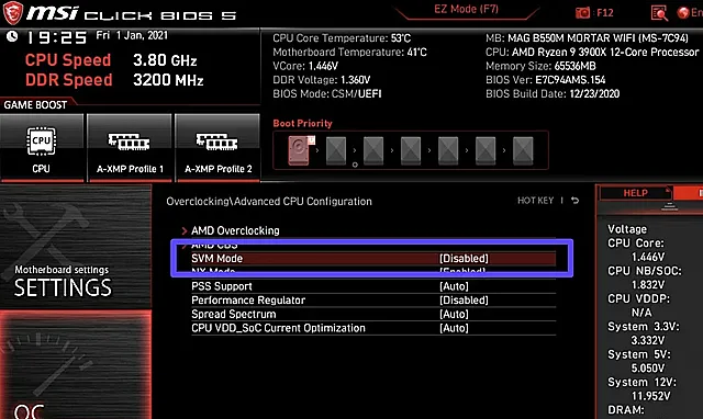 Режим SVM в BIOS материнской платы AMD