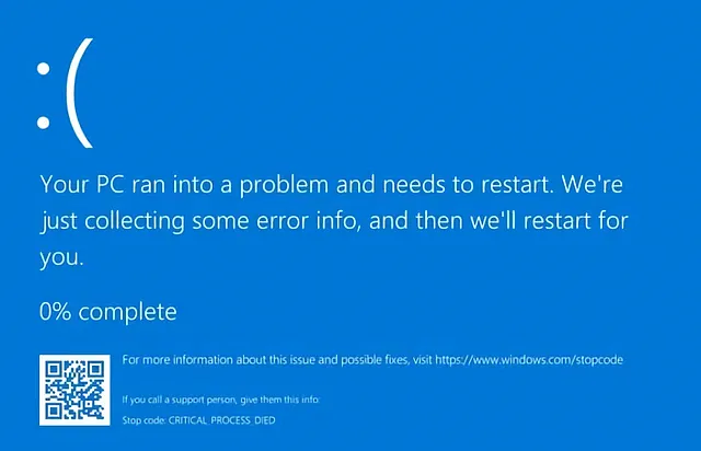 Пример ошибки сбой критического процесса на синем экране Windows
