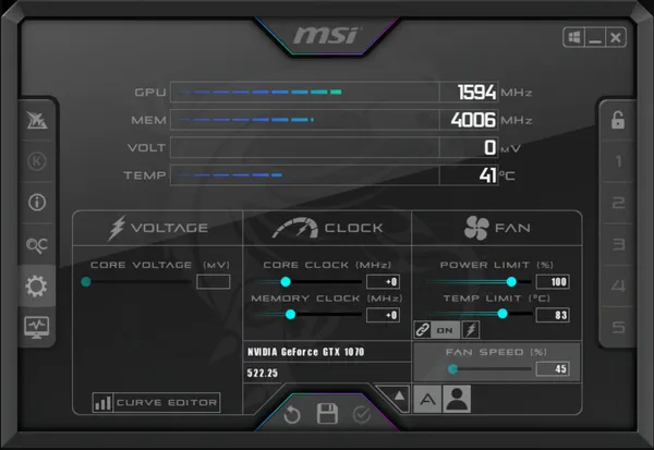 Программа MSI Afterburner – главный экран