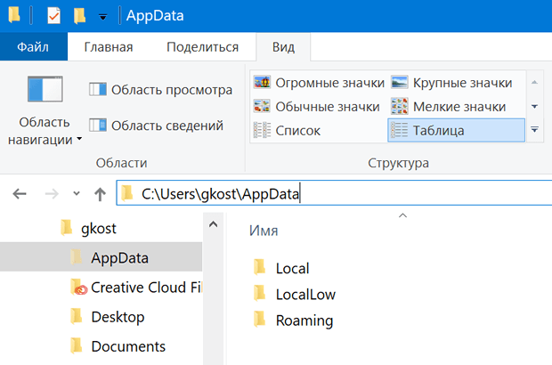 Ввод адреса папки AppData в проводнике файлов