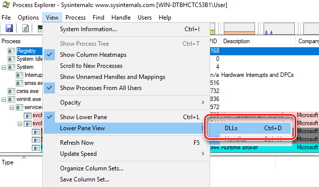 Запуск проверки внедренных DLL в Process Explorer