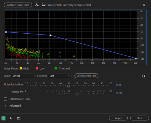 Рабочее окно удаления шума в звуковом файле с помощью Adobe Audition
