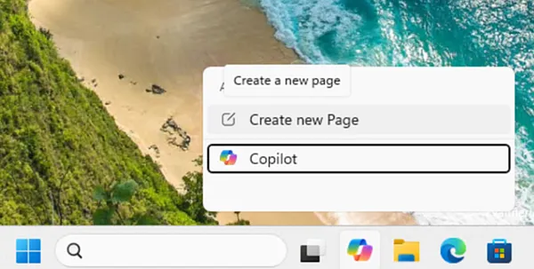 Контекстное меню панели задач Windows с опциями Create new Page и Copilot на фоне пляжных обоев