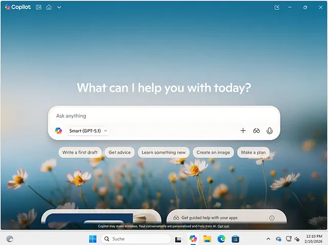 Экран виртуального помощника с текстовым запросом о помощи, полем для ввода и пятью кнопками с функциями: написание текста, советы, обучение, создание изображений, планирование. Фон — изображение цветов