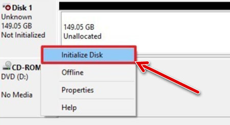 Инициализация нового диска в Windows 10